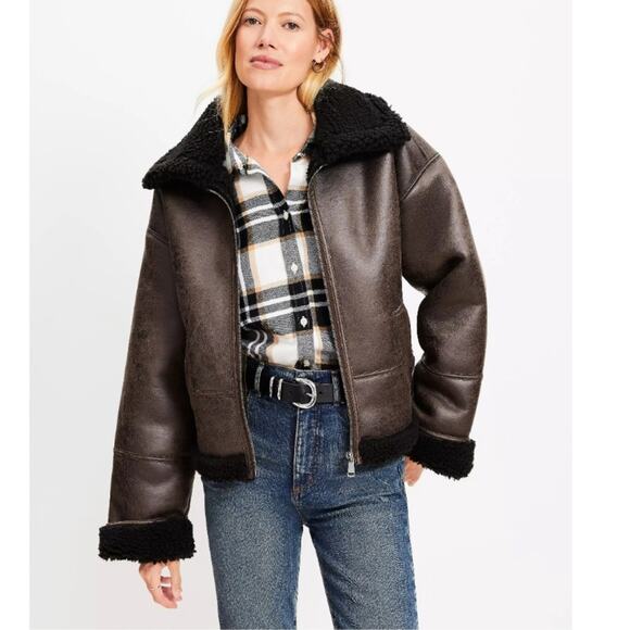 LOFT Women's Brown Shearling Aviator Jacket - Picture 1 of 13